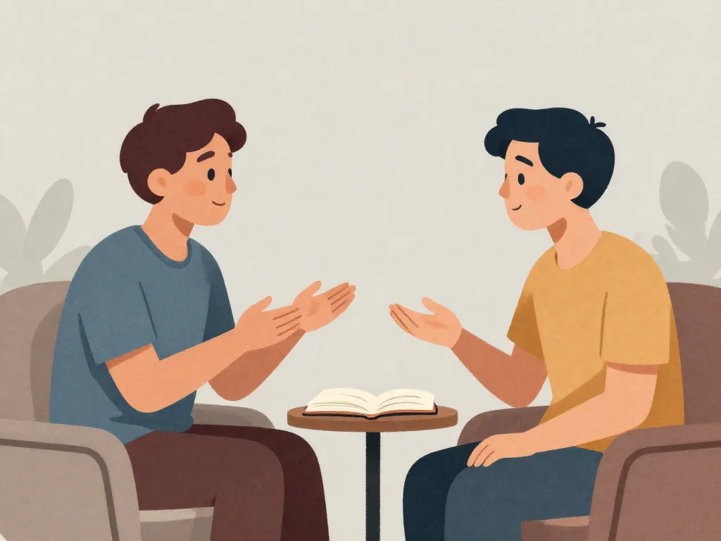 Illustration of two cofounders having an honest, constructive face-to-face conversation with a notebook open between them