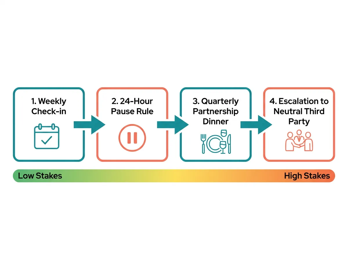 Diagram showing a four-step cofounder conflict resolution protocol: weekly check-in, 24-hour pause rule, quarterly partnership dinner, and escalation to a neutral third party