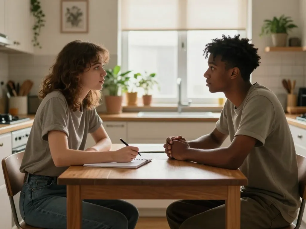 Two roommates sitting at a kitchen table having a calm discussion with a written agreement between them