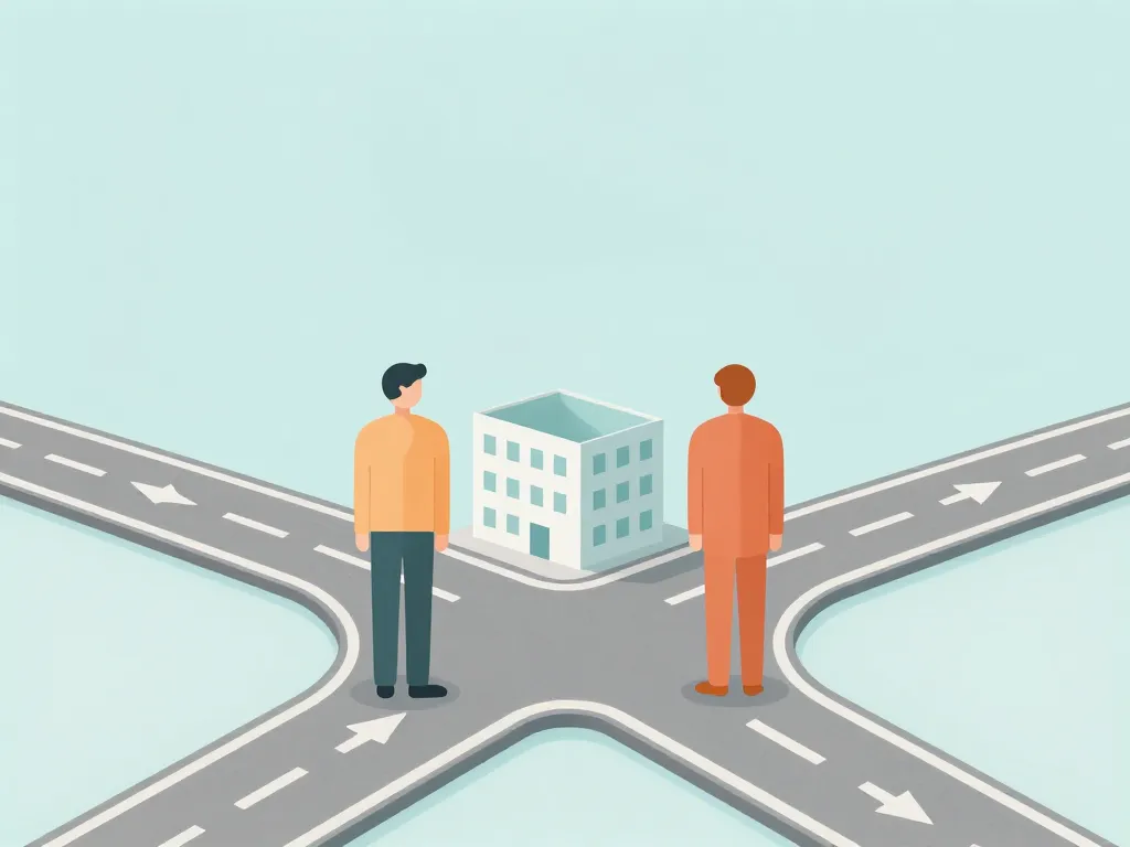Illustration of two figures standing at a fork in the road with a startup building behind them, representing cofounders choosing different paths