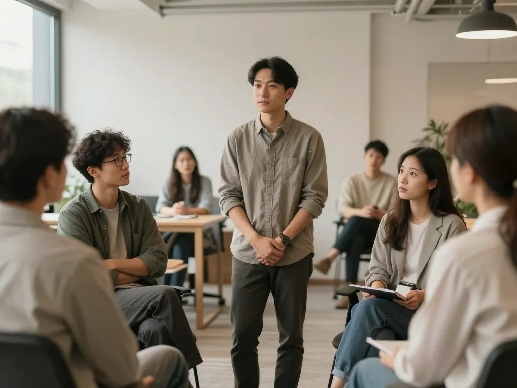 A founder addressing a small startup team in an office, communicating a leadership transition with composure