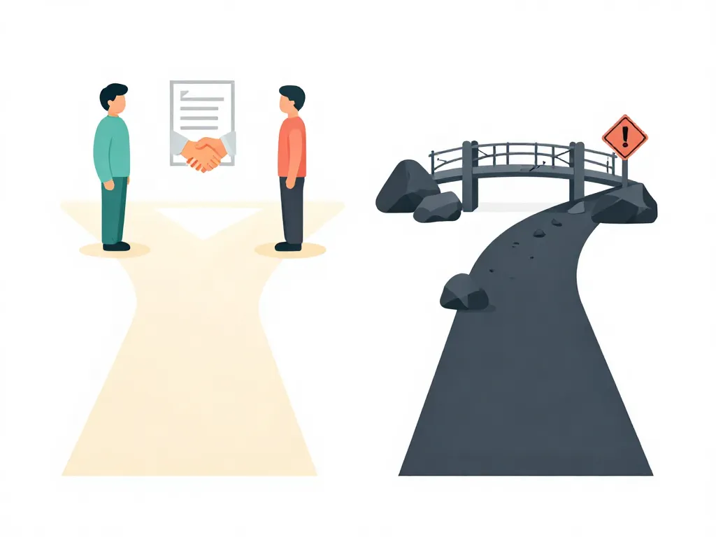 Illustration showing two paths for cofounders: one leading to a clear agreement and the other to conflict