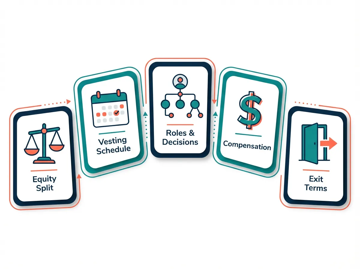 Infographic showing the five essential topics for a cofounder prenup conversation: equity, vesting, roles, compensation, and exit terms