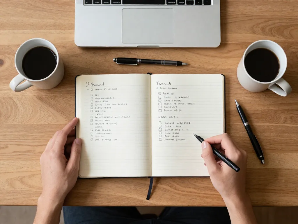 Overhead view of a shared notebook with checkboxes and two coffee cups, representing a structured cofounder planning session