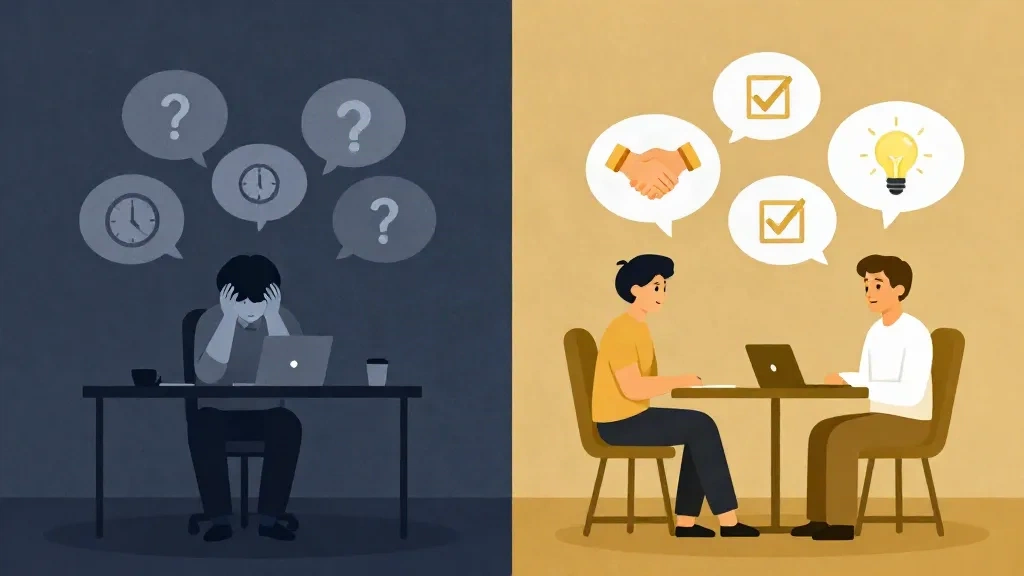 Illustration contrasting a cofounder silently stressing alone versus two cofounders having an open, productive conversation