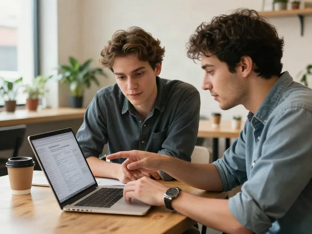 Two cofounders reviewing a shared agreement document together on a laptop, looking collaborative and aligned