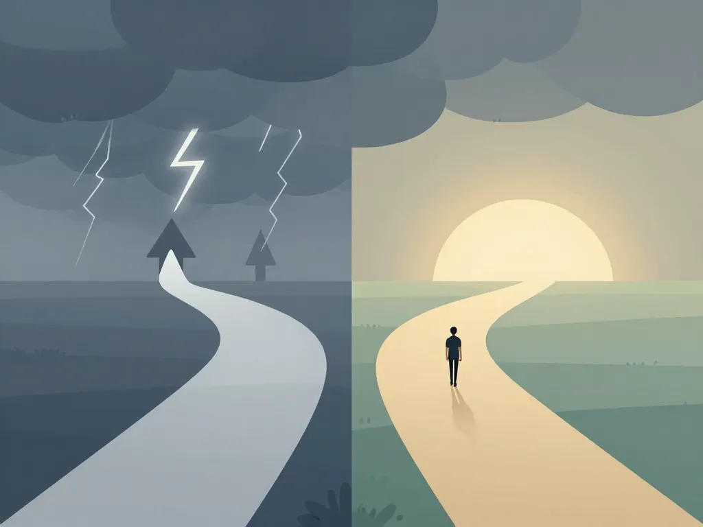 Illustration of a person standing at a fork in the road, choosing between a stormy difficult path and a calmer sunlit alternative
