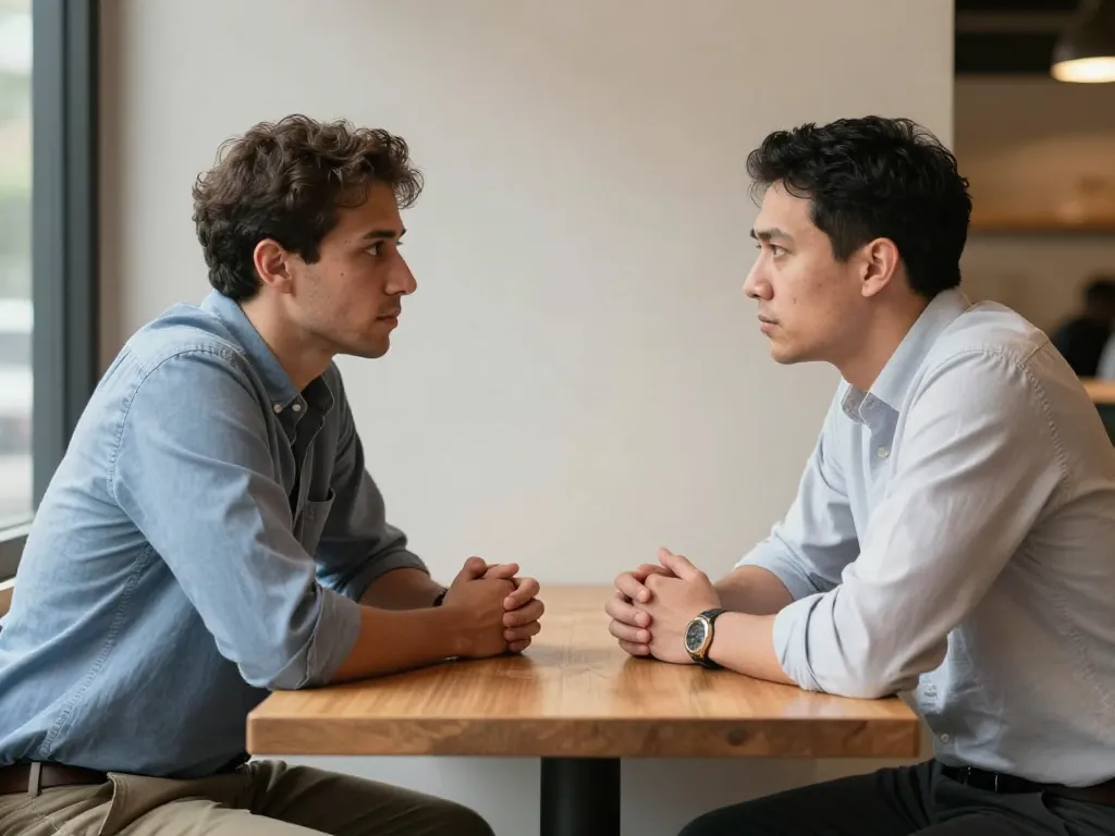 Two cofounders having a serious, respectful face-to-face conversation about the future of their startup