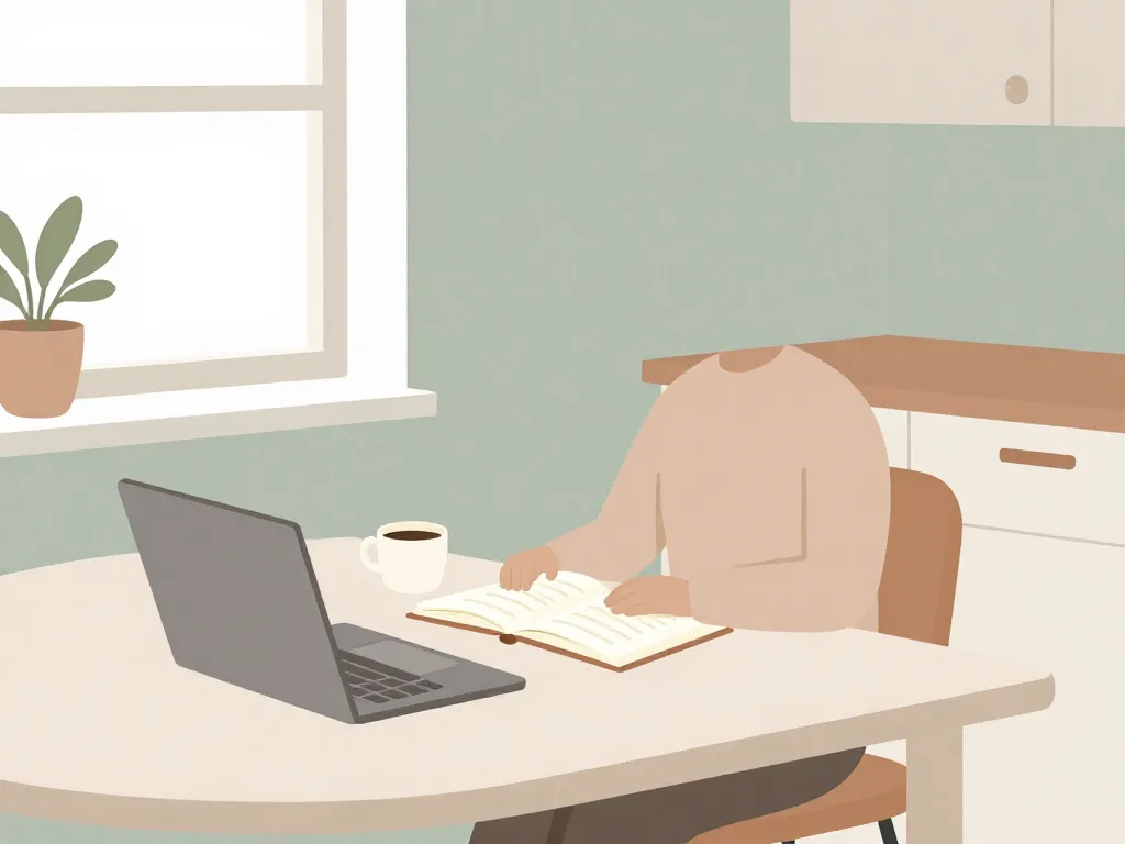 Illustration of a founder sitting quietly at a table with a journal, reflecting on their decision to leave their startup