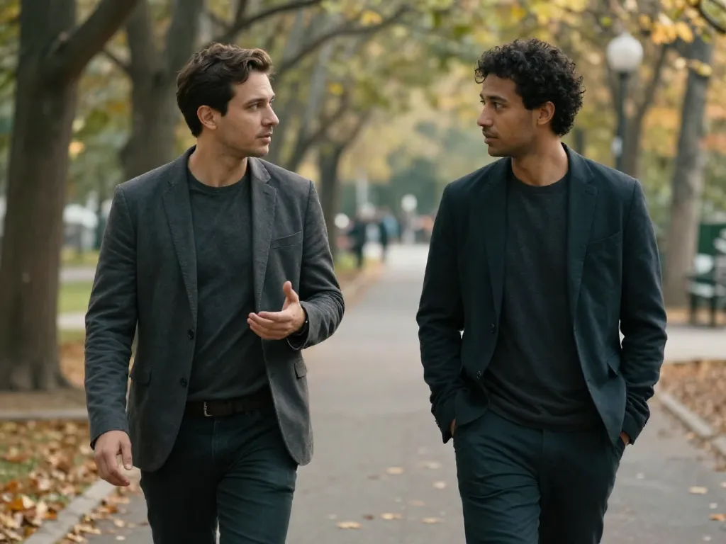 Two cofounders walking and having a difficult but respectful conversation in a park setting