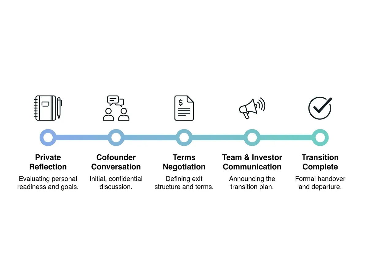 Timeline infographic showing the five stages of a graceful founder exit: reflection, cofounder conversation, negotiation, communication, and transition completion