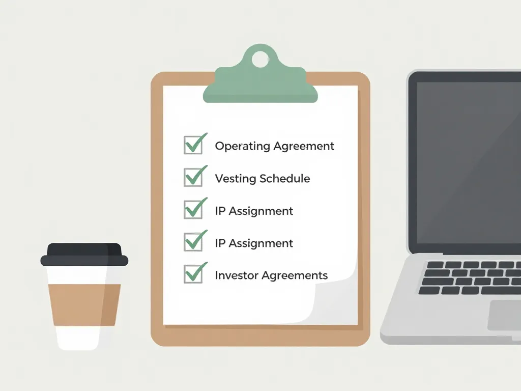 Illustrated checklist showing key legal documents founders should review before leaving their startup