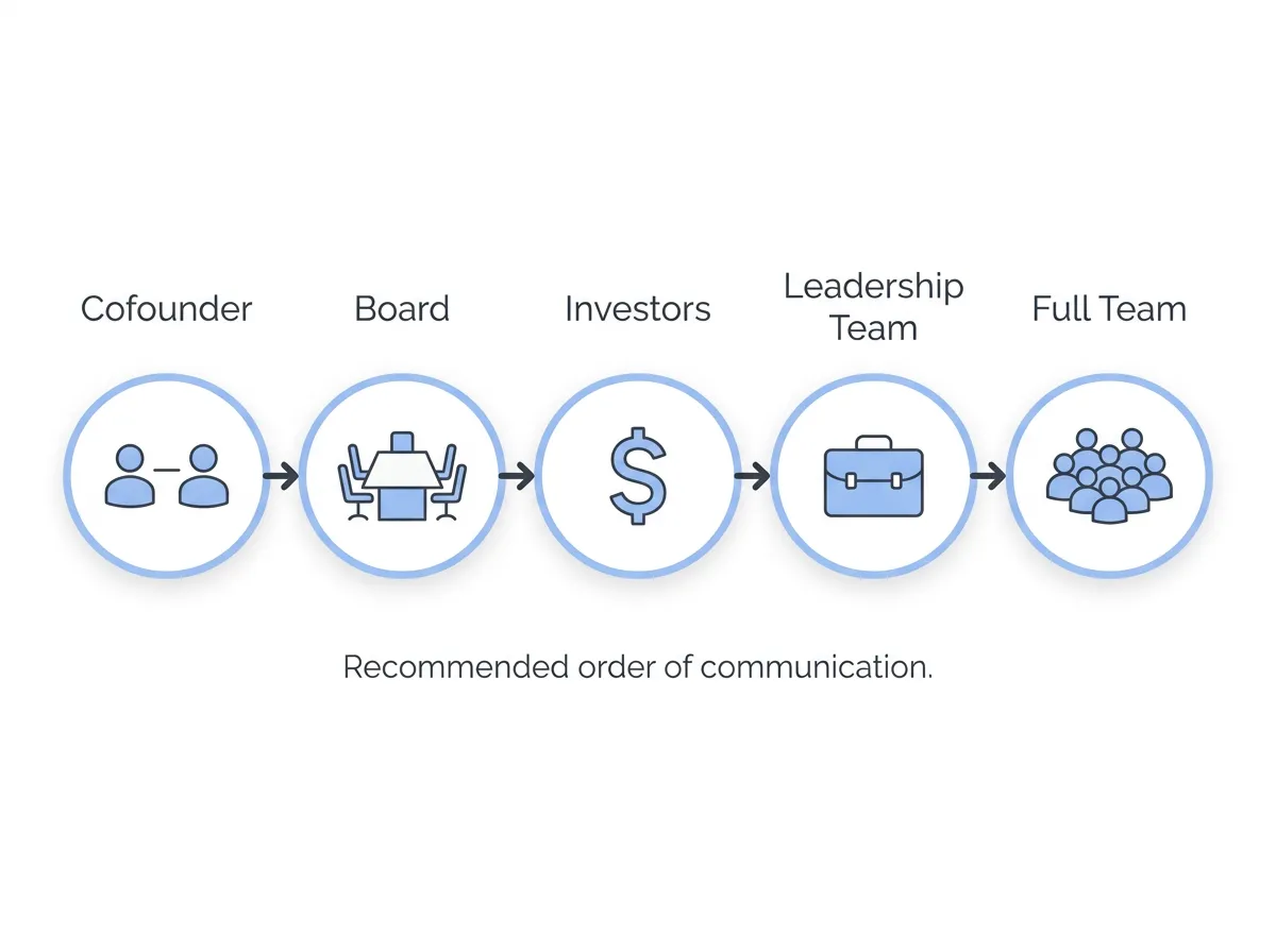 Diagram showing the recommended order for communicating a founder departure: cofounder, board, investors, leadership, then the full team