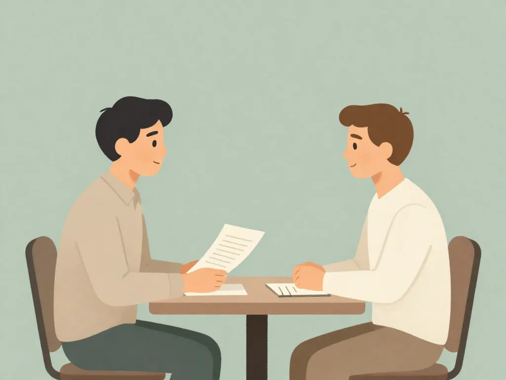 Two cofounders having a calm, structured conversation about departure terms across a table with an agreement document between them