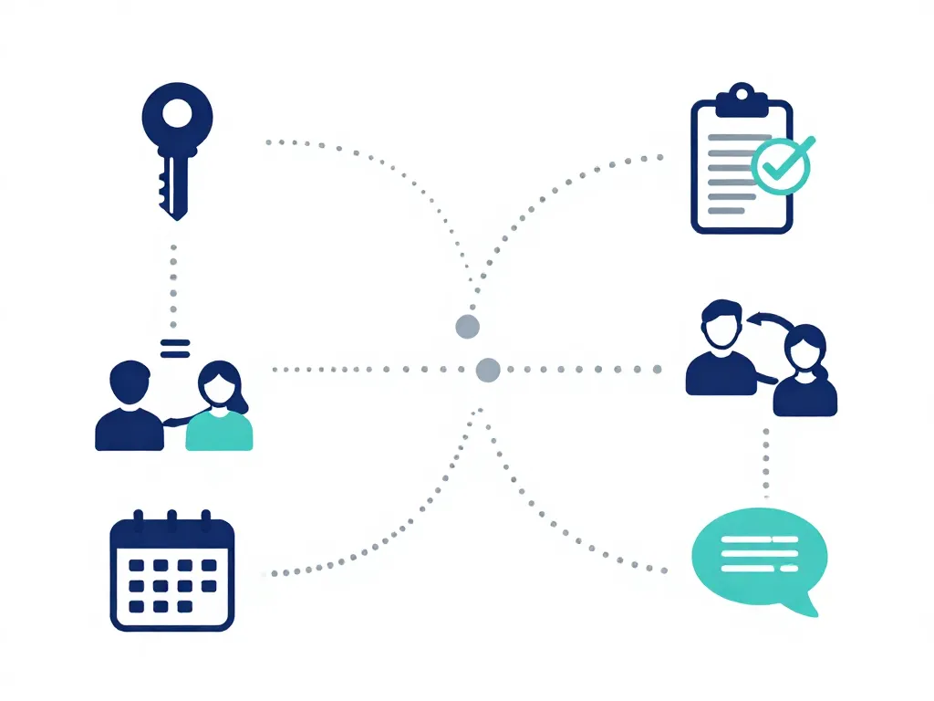 Visual checklist illustration showing key transition steps for a departing startup cofounder including accounts, handoffs, relationships, and communication planning