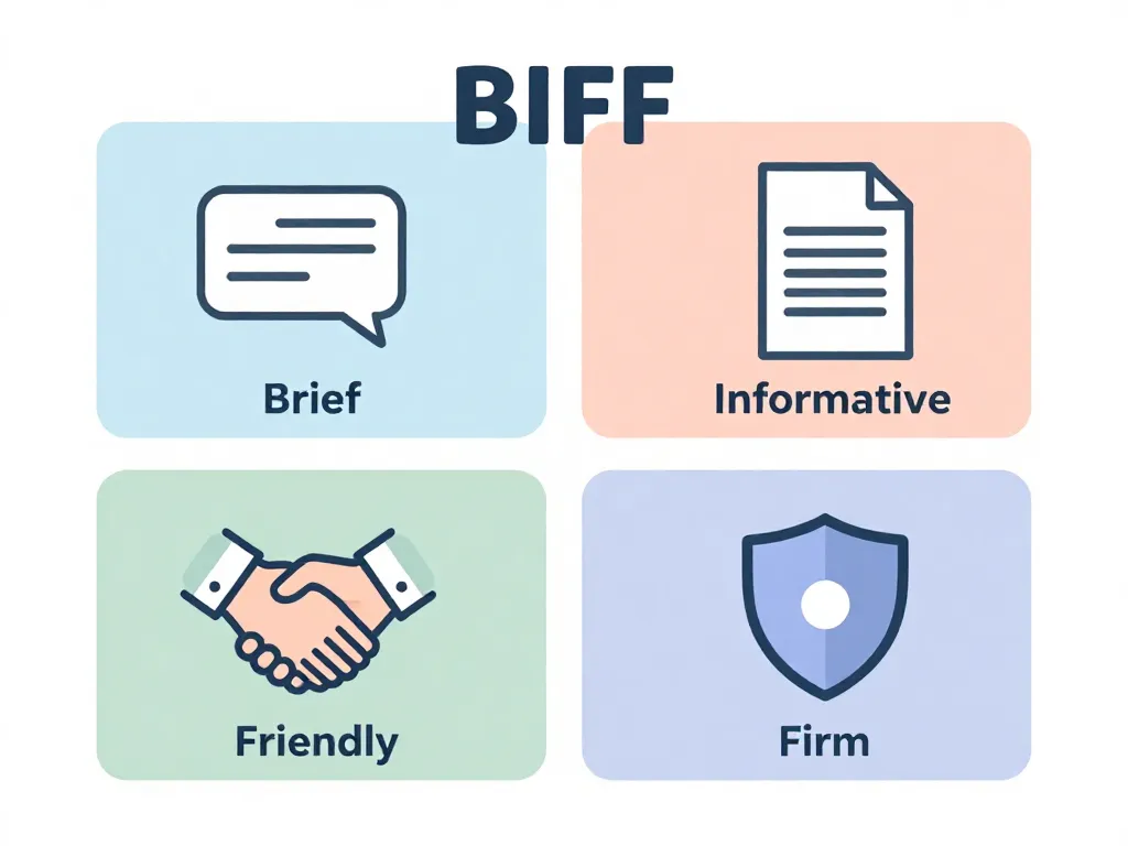 Visual breakdown of the BIFF communication method: Brief, Informative, Friendly, Firm