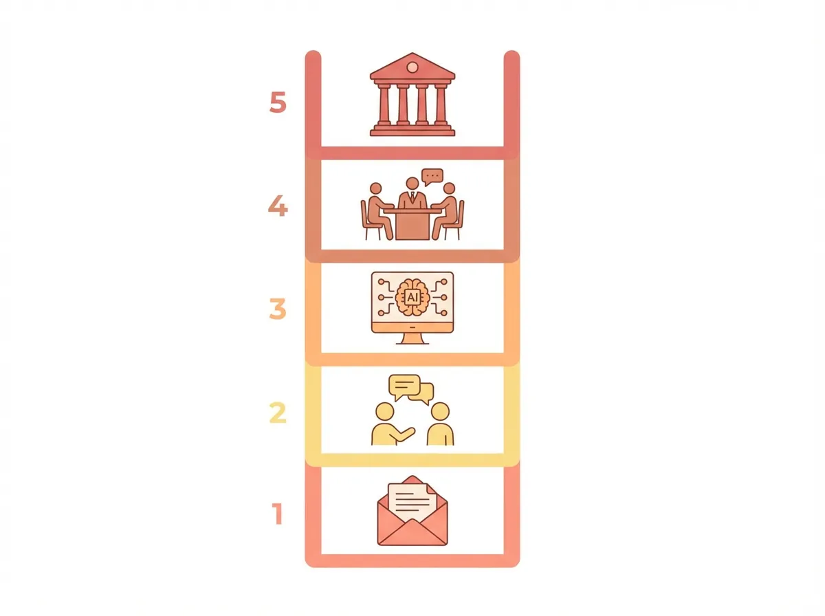 Conflict resolution ladder diagram showing five escalating steps from direct communication to legal action
