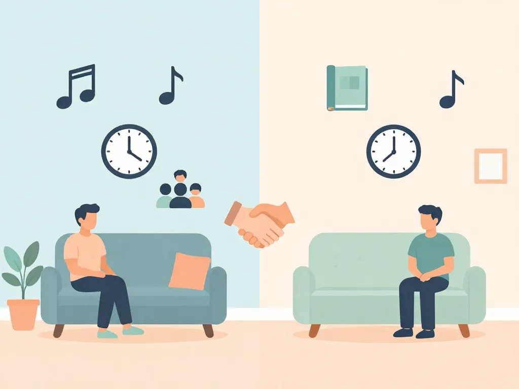 Illustration showing two roommates with different living preferences connected by a collaborative bridge