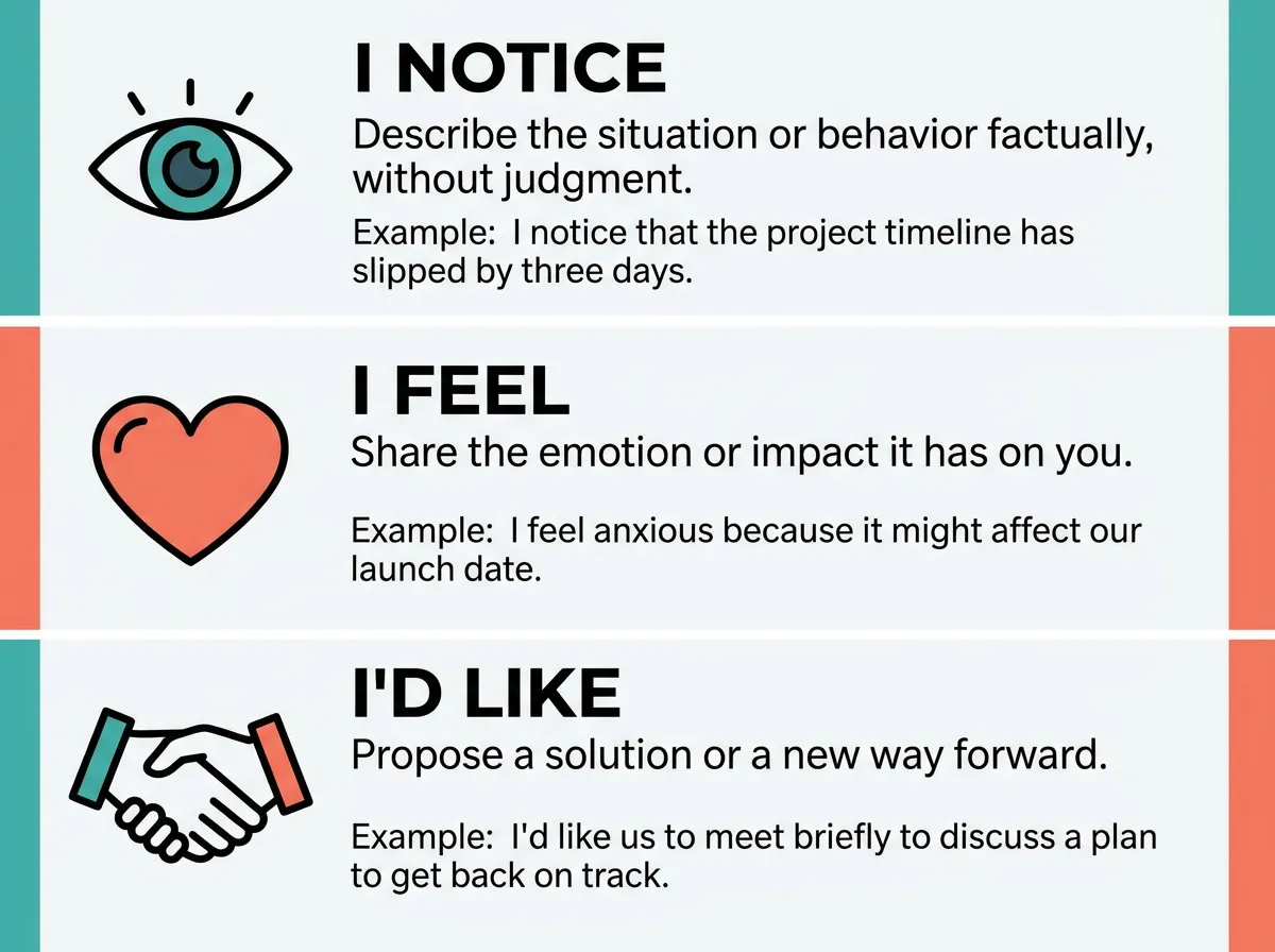 Infographic showing the I Notice, I Feel, I'd Like conflict resolution script for roommates