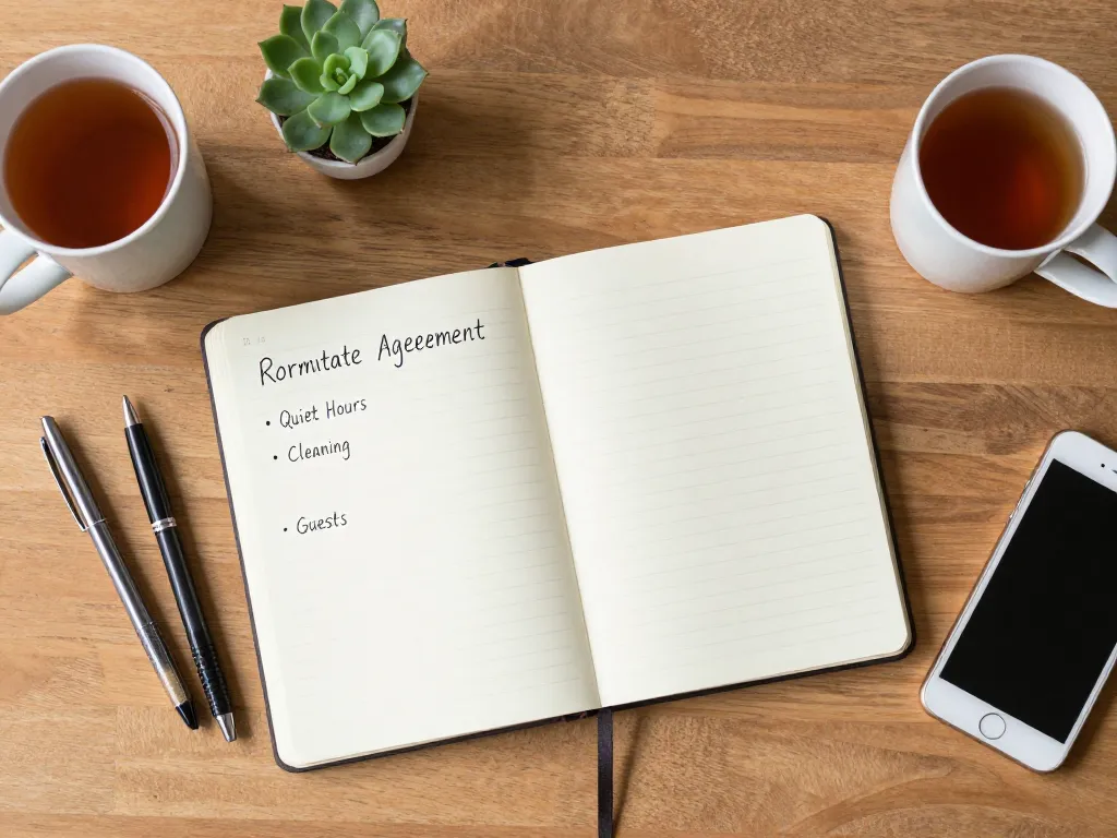 Flat-lay photo of a handwritten roommate agreement notebook on a wooden table with pens and mugs