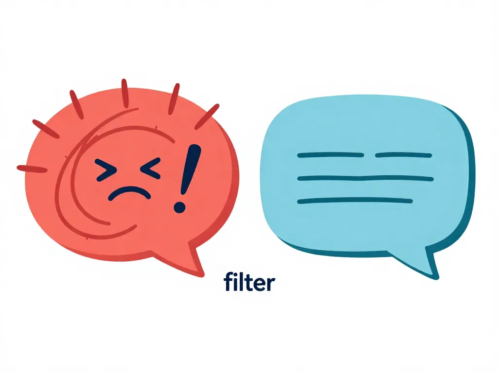 Illustration comparing an aggressive chaotic message with a calm filtered response