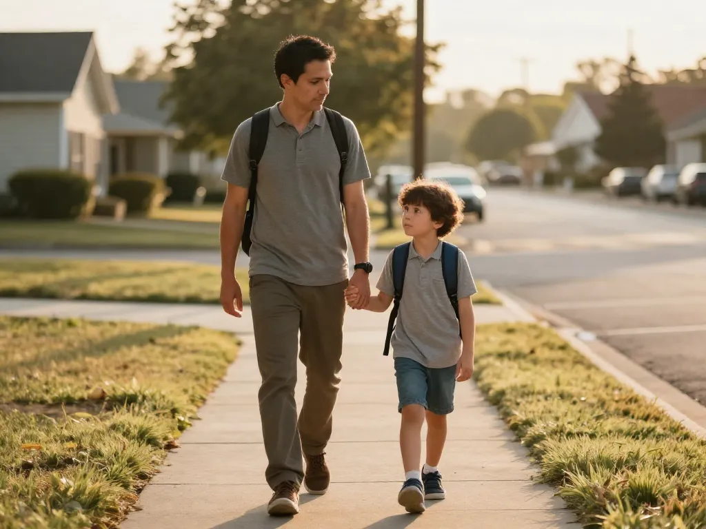 A calm parent walking hand-in-hand with their child after a custody exchange