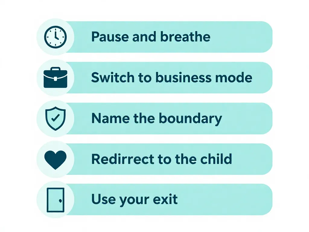 Five-step flowchart for responding when a co-parent picks a fight: pause, business mode, set boundary, redirect to child, exit cleanly