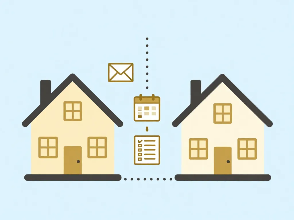 Illustration of two separate households connected by structured communication symbols like a calendar and envelope, representing parallel parenting