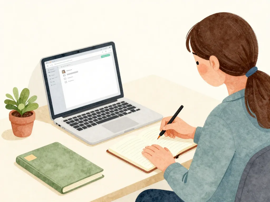 Illustration of a parent calmly organizing documentation at a tidy desk with a laptop and notebook, conveying structured record-keeping