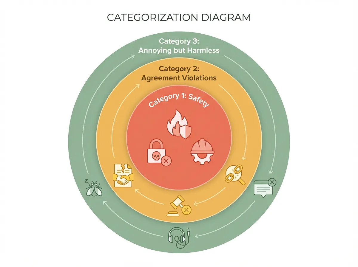 Diagram showing three categories for sorting co-parenting conflicts: Safety issues, Agreement violations, and Annoying but harmless issues, color-coded from red to green