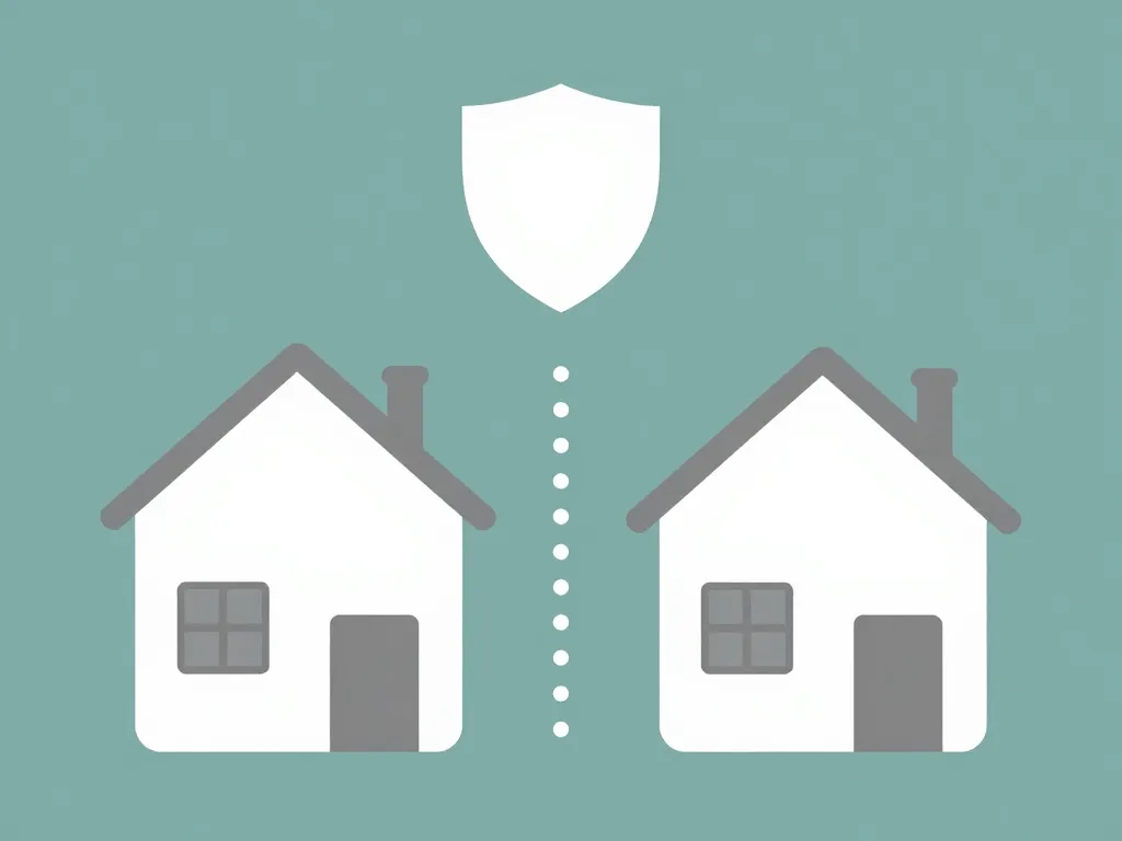Illustration of two separate houses with a boundary shield symbol between them, representing structured coparenting boundaries