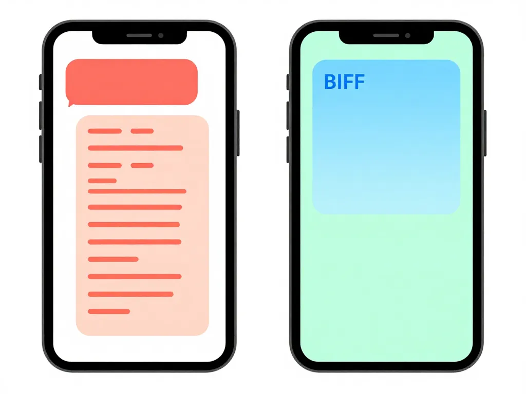 Comparison illustration showing an emotional lengthy text response versus a short calm BIFF method response on two phone screens