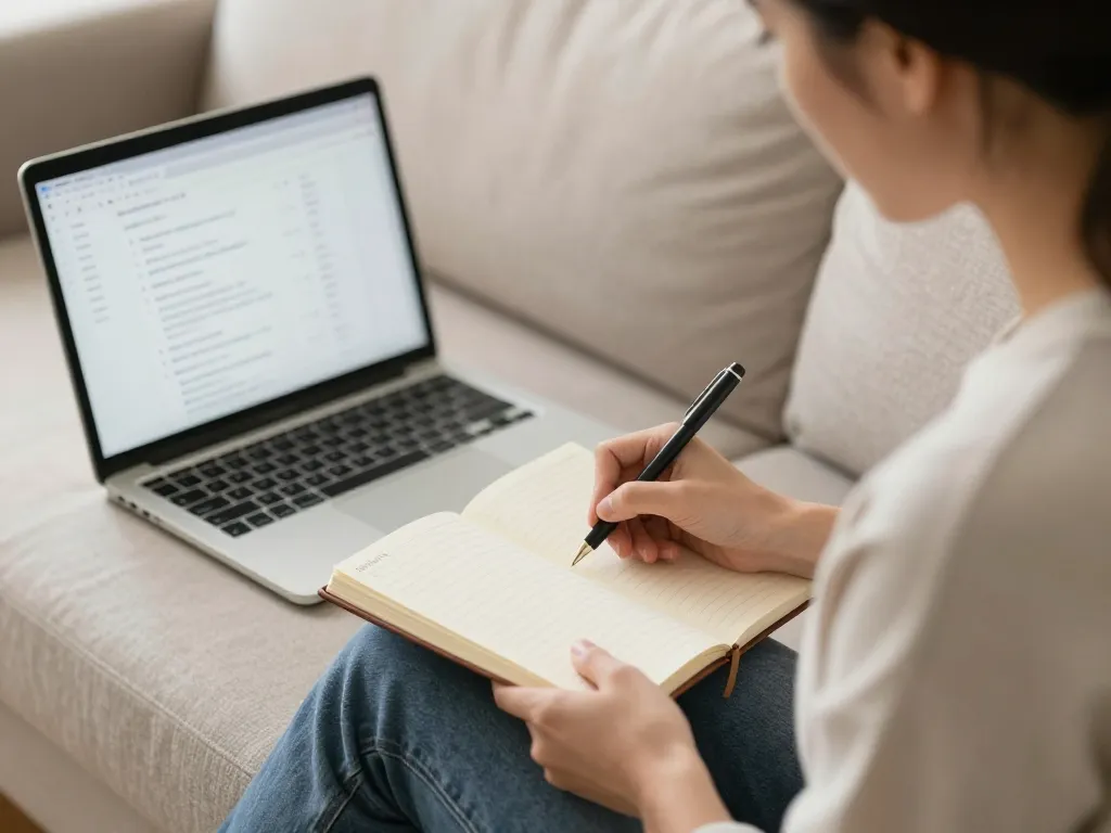 A parent calmly journaling and documenting coparenting communications on a couch with a laptop nearby