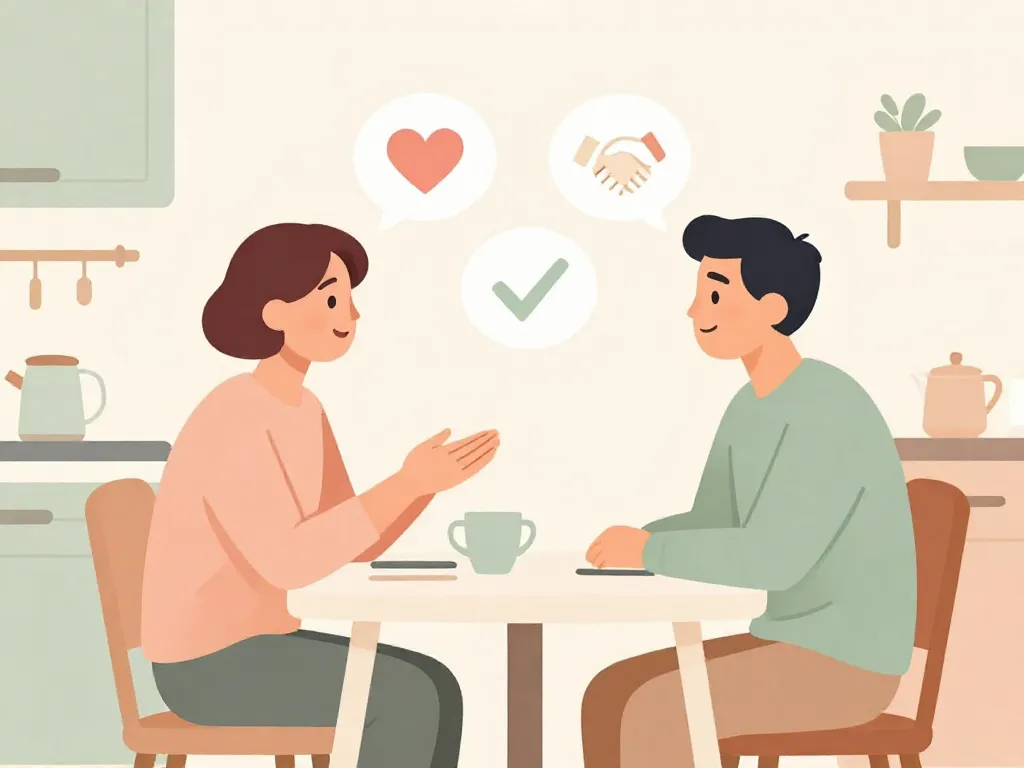 Illustration of two roommates having a calm, friendly boundary conversation at a kitchen table