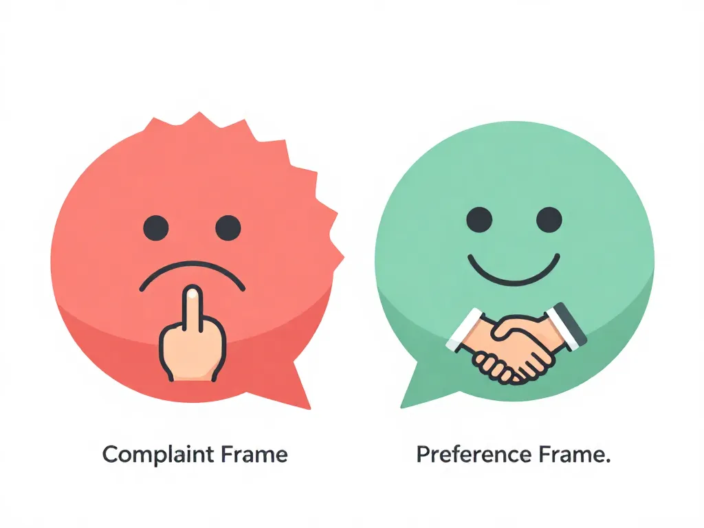 Illustration comparing complaint framing versus preference framing in roommate conversations