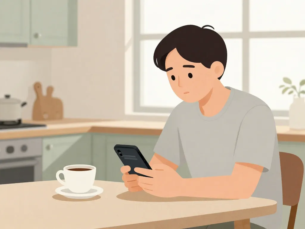 Illustration of a calm parent at a kitchen table choosing when to respond to a co-parenting message on their phone