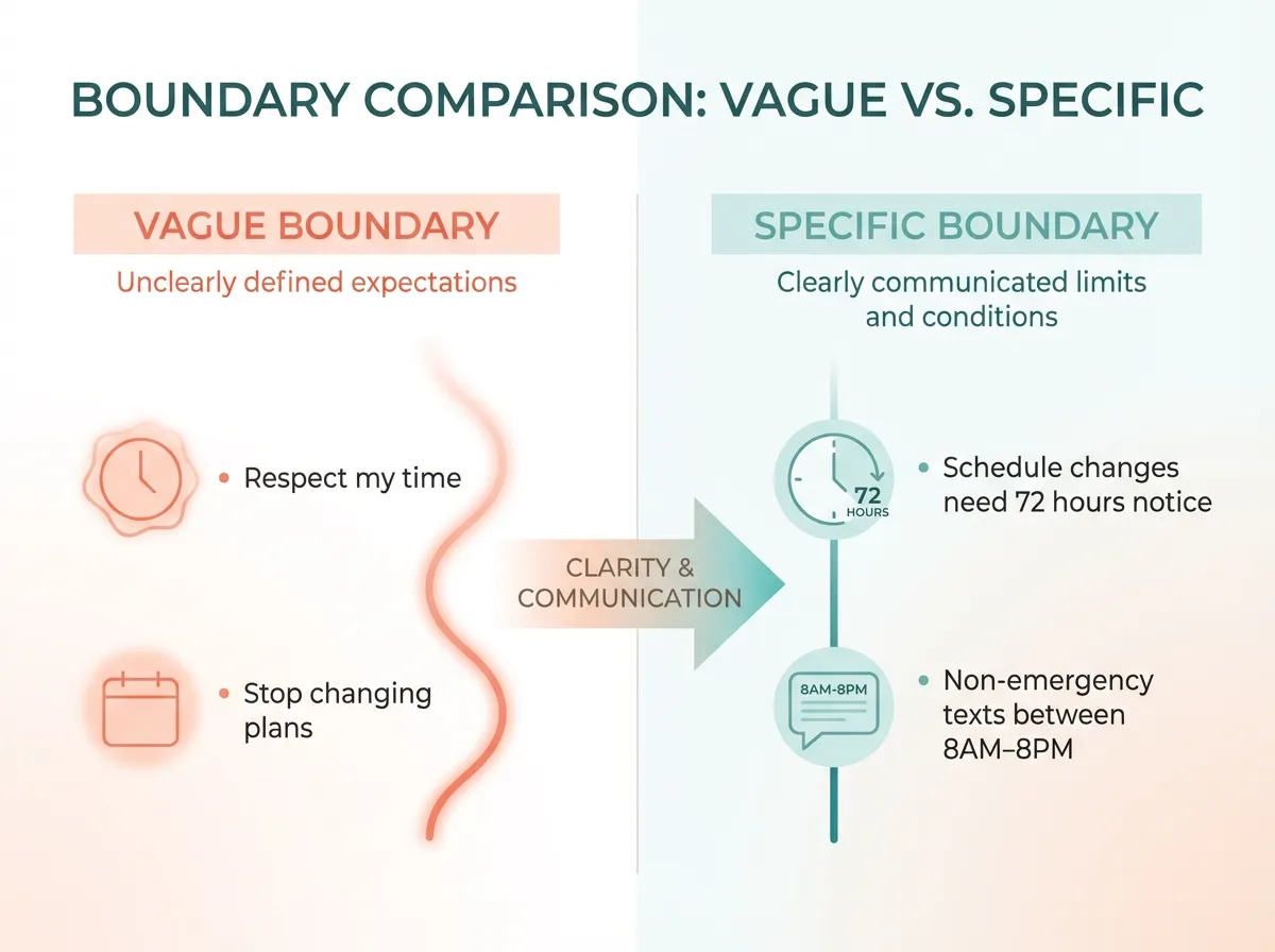 Infographic comparing vague co-parenting boundaries versus specific actionable boundaries with examples