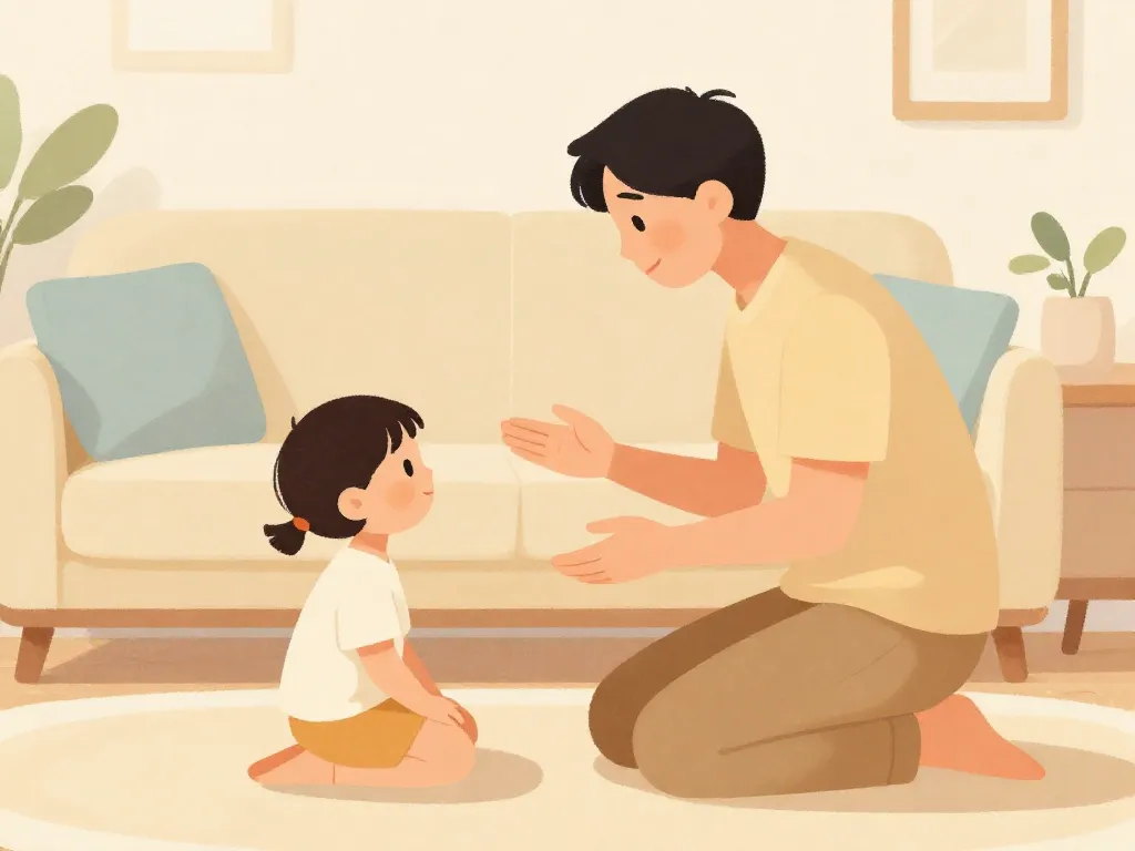 Illustration of a parent reassuring their child with calm body language, representing protecting children from co-parenting conflict