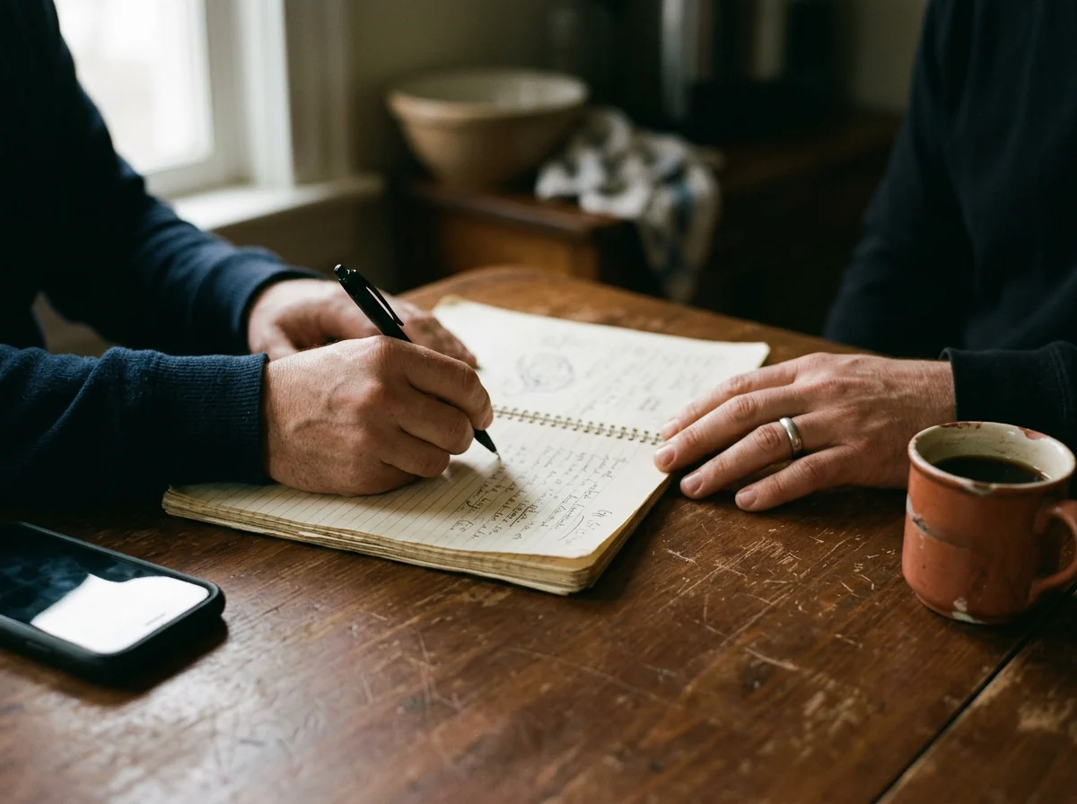 Two people writing an agreement together in a notebook at a table