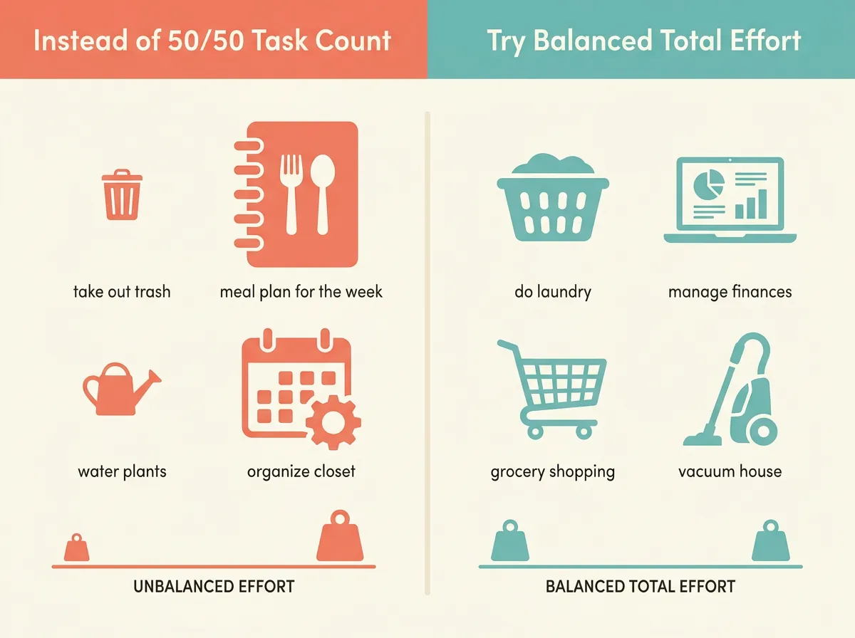 Infographic comparing a 50/50 task count approach versus balancing total effort when dividing household chores