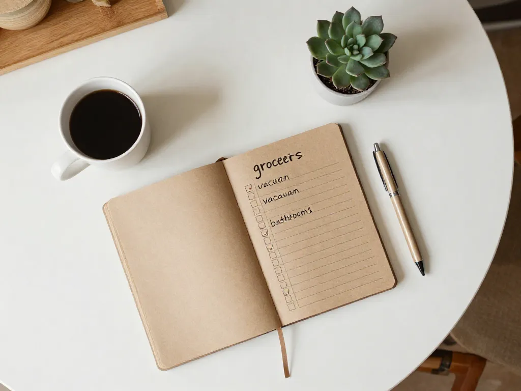 Overhead view of a shared household chore checklist on a kitchen table with coffee and a pen