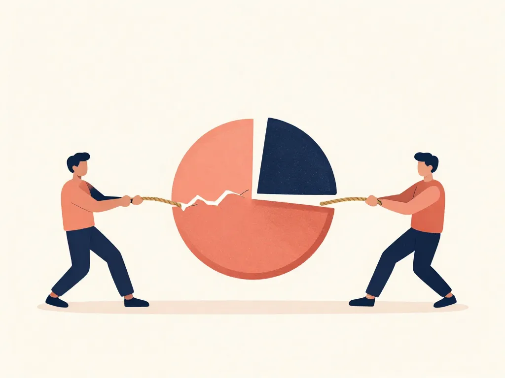 Illustration of two co-founders pulling apart an equity pie chart, representing co-founder equity disputes