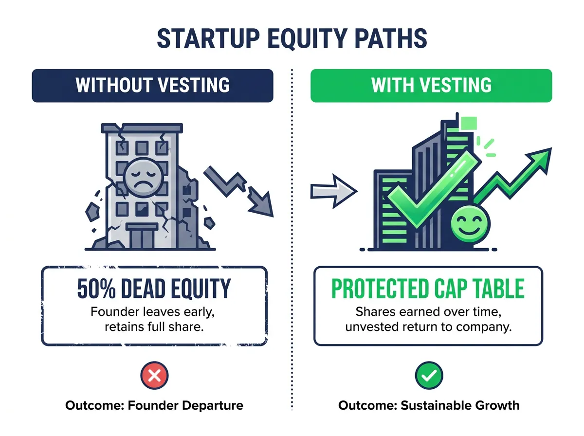 Diagram comparing outcomes of startup equity with and without vesting schedules