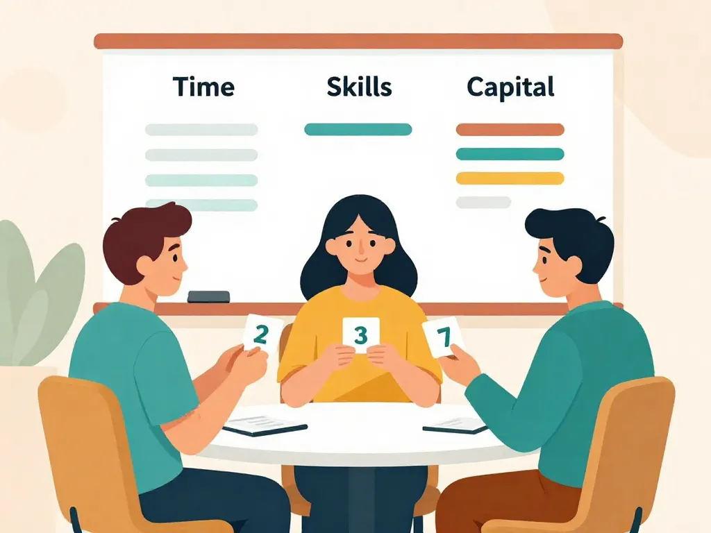Illustration of co-founders using a contribution scorecard to evaluate equity split