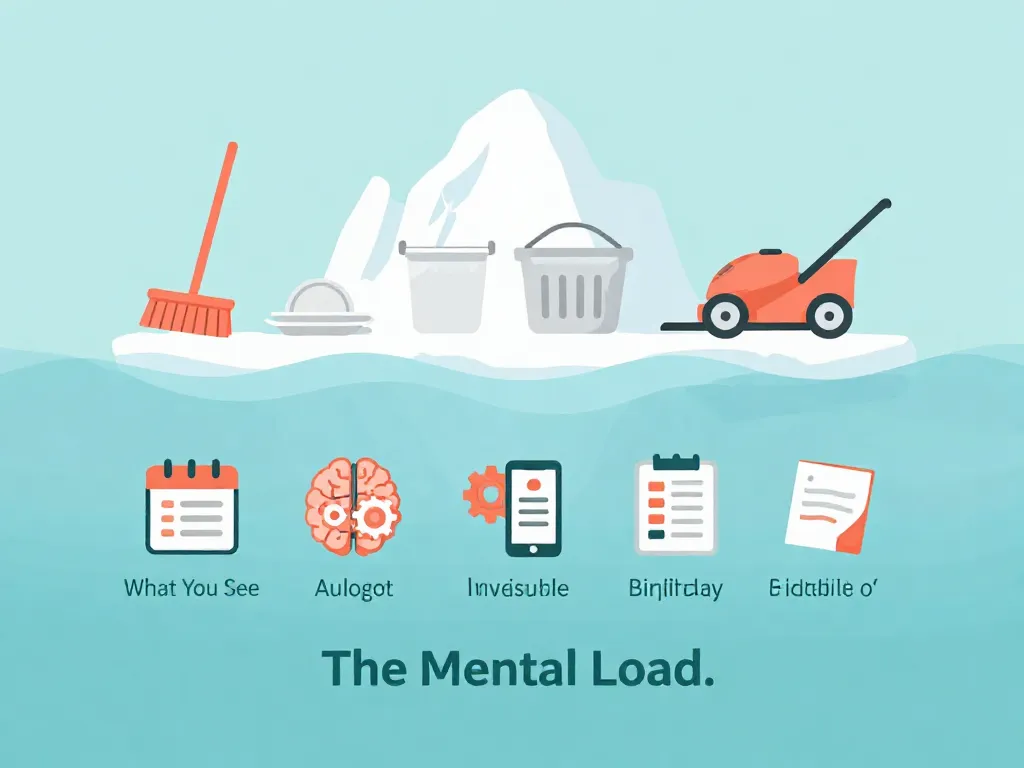Iceberg illustration showing visible chores above water and invisible mental load tasks like planning, scheduling, and remembering below the surface