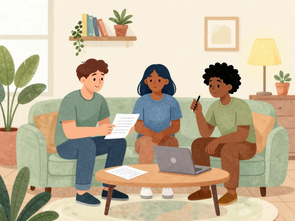 Illustration of three roommates calmly discussing utility bills together in their shared living room