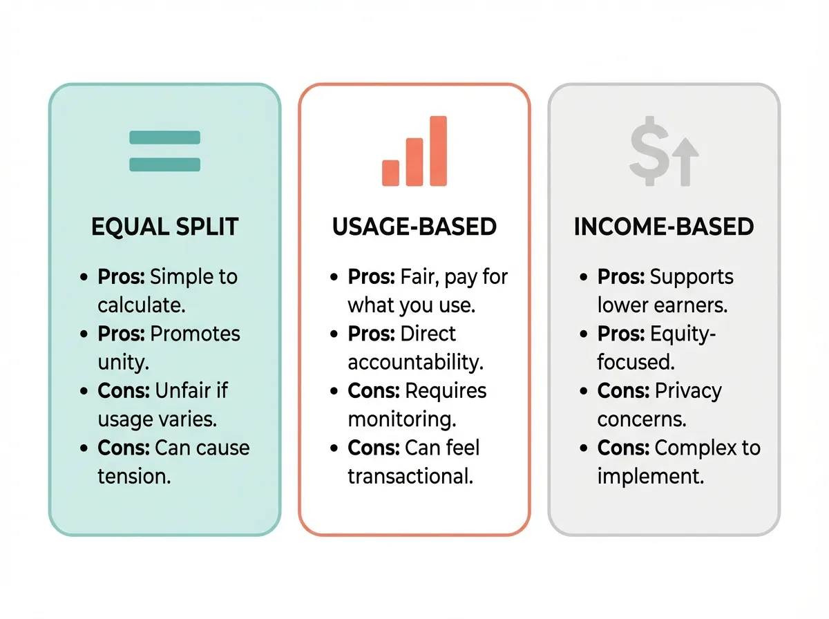 Infographic comparing three utility-splitting methods: equal split, usage-based split, and income-based split with pros and cons for each