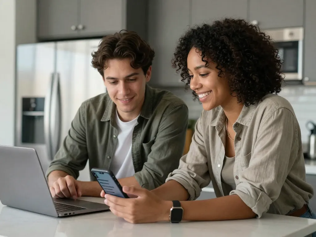 Two roommates looking at a bill-splitting app on a phone in their shared kitchen, appearing relaxed and cooperative