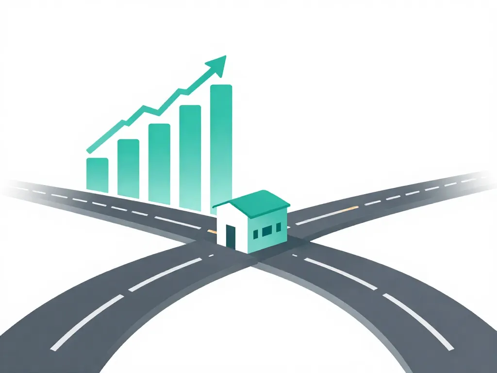 Illustration of two paths diverging from a startup, representing a cofounder split where the company continues to grow