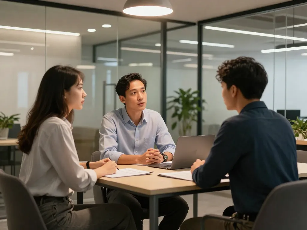 Two cofounders and a neutral advisor having a structured discussion about transition planning in a modern office